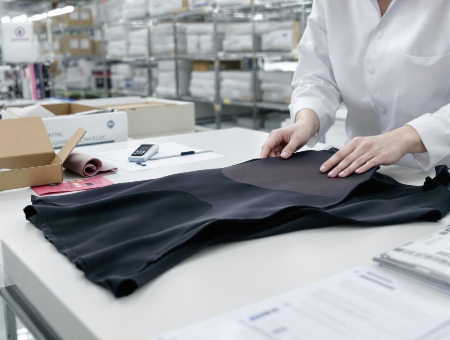 Inspection of black shapewear cut pieces before processing